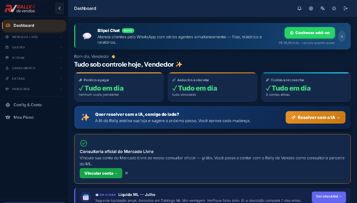 Painel do Rally de Vendas mostrando pedidos, anúncios e contas do Mercado Livre em tempo real