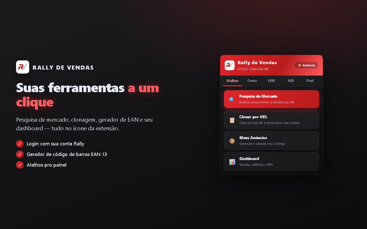 Popup da extensão com atalhos e conta
